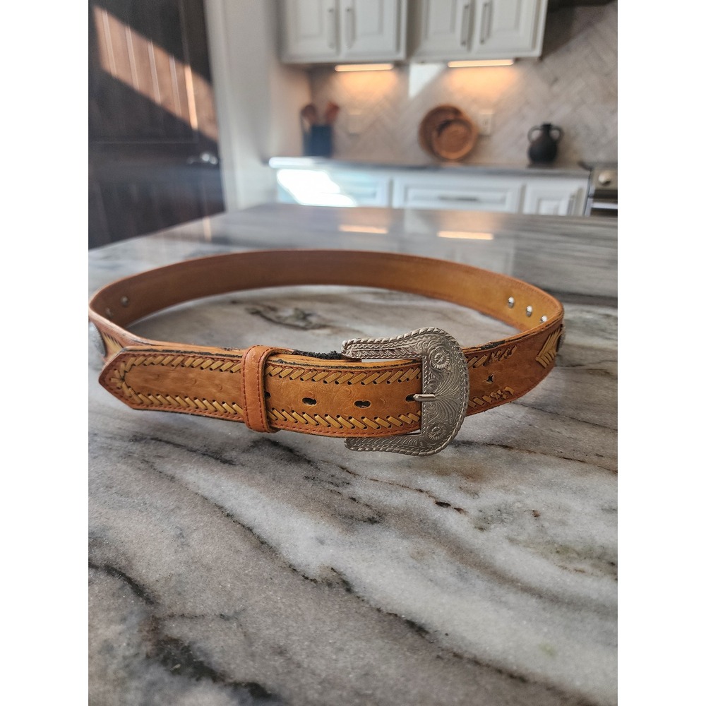 Vintage Western Tan Ostrich Print Leather Belt Silver Engraved Buckle Size 38